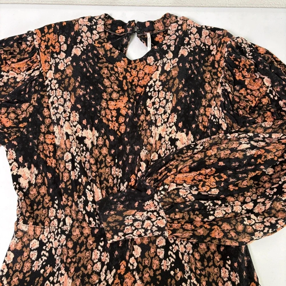 Free People Heartbeats Mini Dress Size L Black Brown Floral Jersey Retro‎ Boho